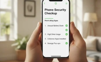 A person holding a smartphone and performing a security checkup, with a checklist of signs like battery drain, data usage, and unknown apps visible.