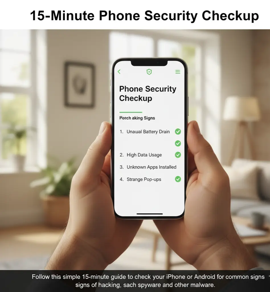 A person holding a smartphone and performing a security checkup, with a checklist of signs like battery drain, data usage, and unknown apps visible.