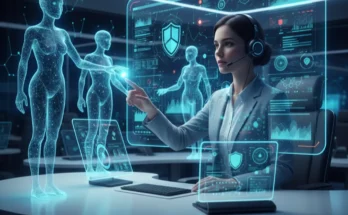 A conceptual image of a human security analyst collaborating with AI-powered digital assistants, illustrating the human-AI partnership in cybersecurity defense.