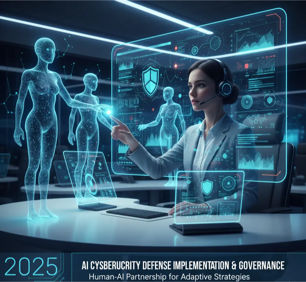 A conceptual image of a human security analyst collaborating with AI-powered digital assistants, illustrating the human-AI partnership in cybersecurity defense.