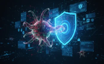 Conceptual image showing AI-powered malware as a morphing digital entity being countered by an AI cybersecurity system.