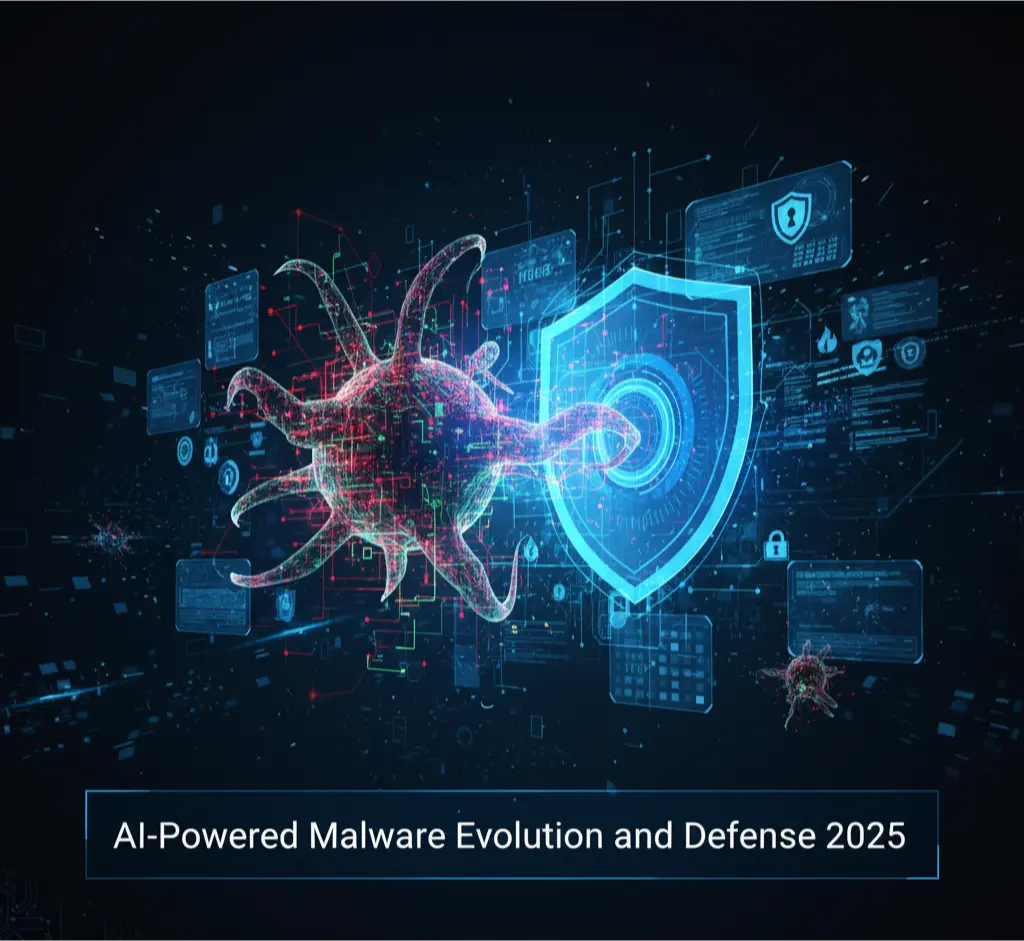 Conceptual image showing AI-powered malware as a morphing digital entity being countered by an AI cybersecurity system.