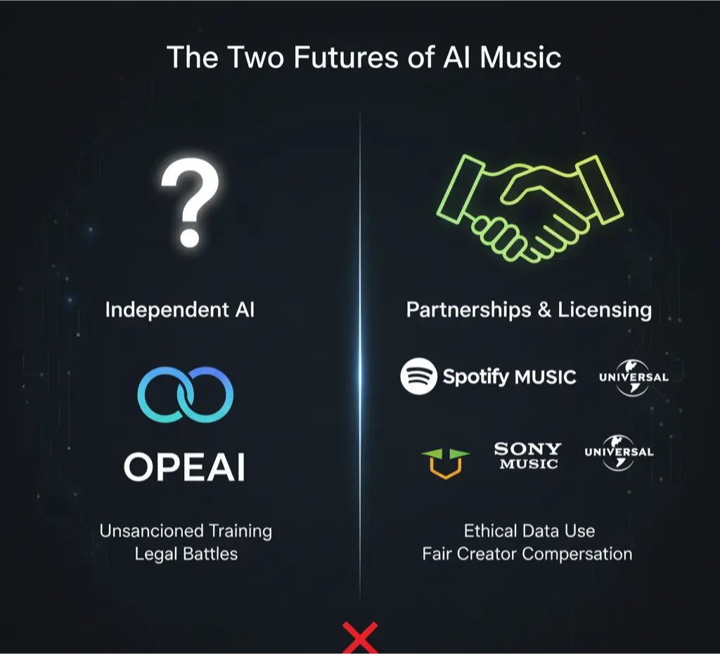 A diagram showing the two different approaches to AI music: OpenAI's independent development versus Spotify's partnership with record labels