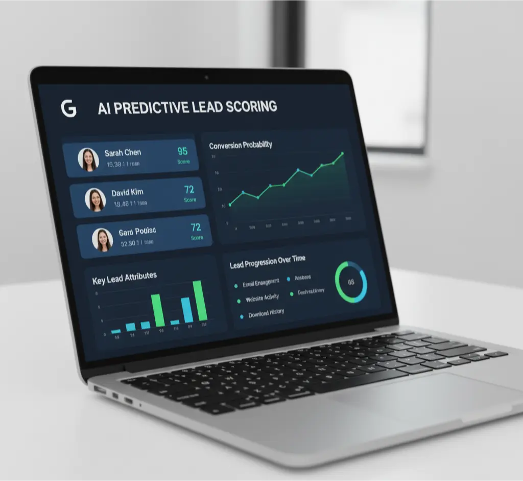 A dashboard illustrating the process of an AI predictive lead scoring strategy, showing how leads are scored based on data.