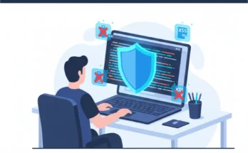 An illustration of a developer writing code on a laptop, with a shield icon protecting the code from common vulnerabilities like SQL injection and XSS.