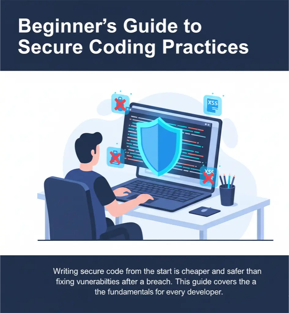 An illustration of a developer writing code on a laptop, with a shield icon protecting the code from common vulnerabilities like SQL injection and XSS.

