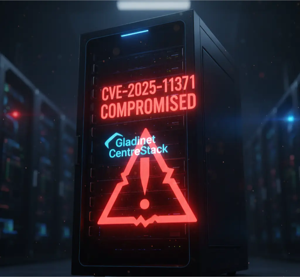 An image representing the critical Gladinet zero-day vulnerability (CVE-2025-11371) affecting CentreStack and Triofox servers.
