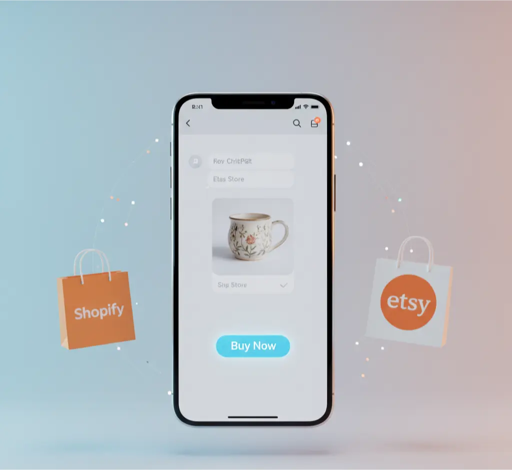 An image demonstrating the ChatGPT Instant Checkout feature for Etsy and Shopify sellers to sell products directly in the chat.