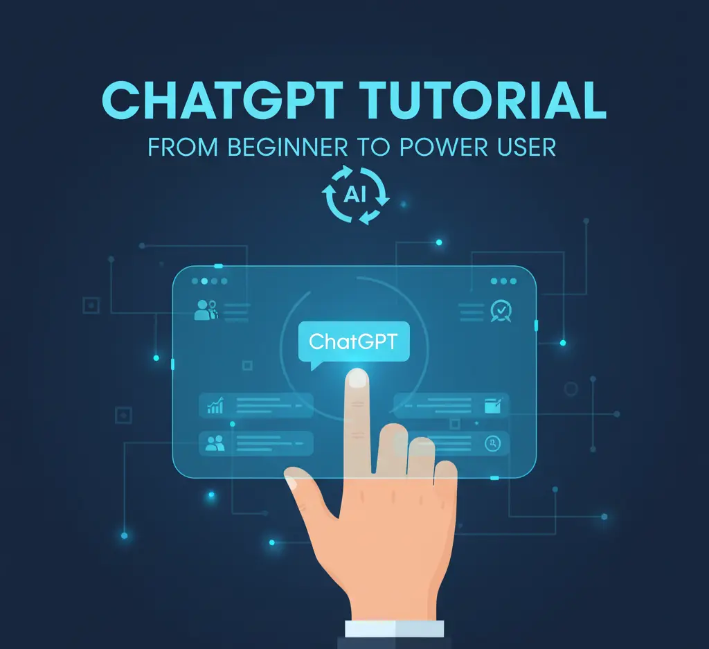 A person learning how to use ChatGPT through a futuristic interface, representing a complete ChatGPT tutorial for beginners to power users.