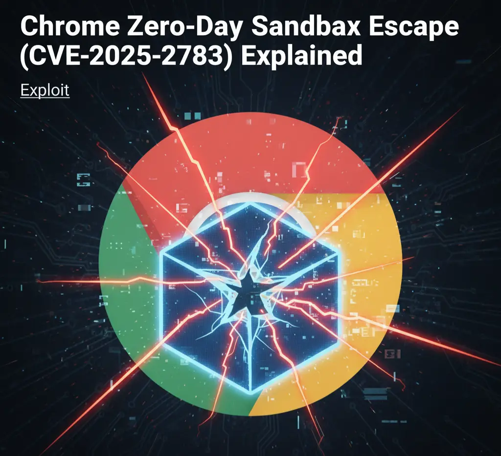 A graphic showing the Google Chrome logo with a cracked sandbox icon, illustrating the critical CVE-2025-2783 zero-day sandbox escape vulnerability.

