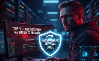 A cybersecurity expert working on a computer screen displaying a ransomware attack message, with a shield icon overlaying it, symbolizing the complete ransomware survival guide for 2025.