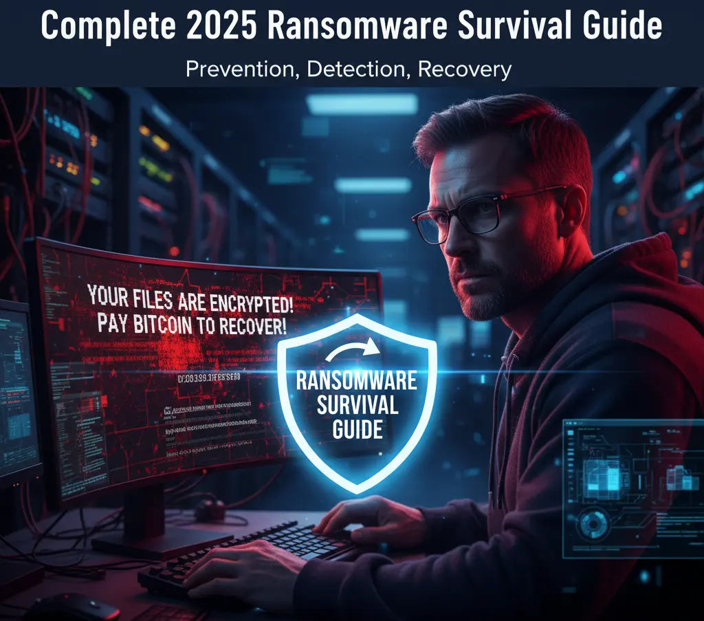 A cybersecurity expert working on a computer screen displaying a ransomware attack message, with a shield icon overlaying it, symbolizing the complete ransomware survival guide for 2025.