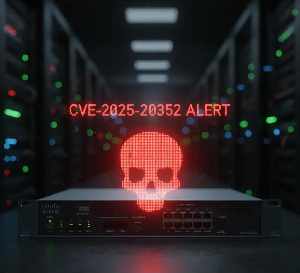 An image representing the critical Cisco zero-day vulnerability CVE-2025-20352 that requires an emergency patch.