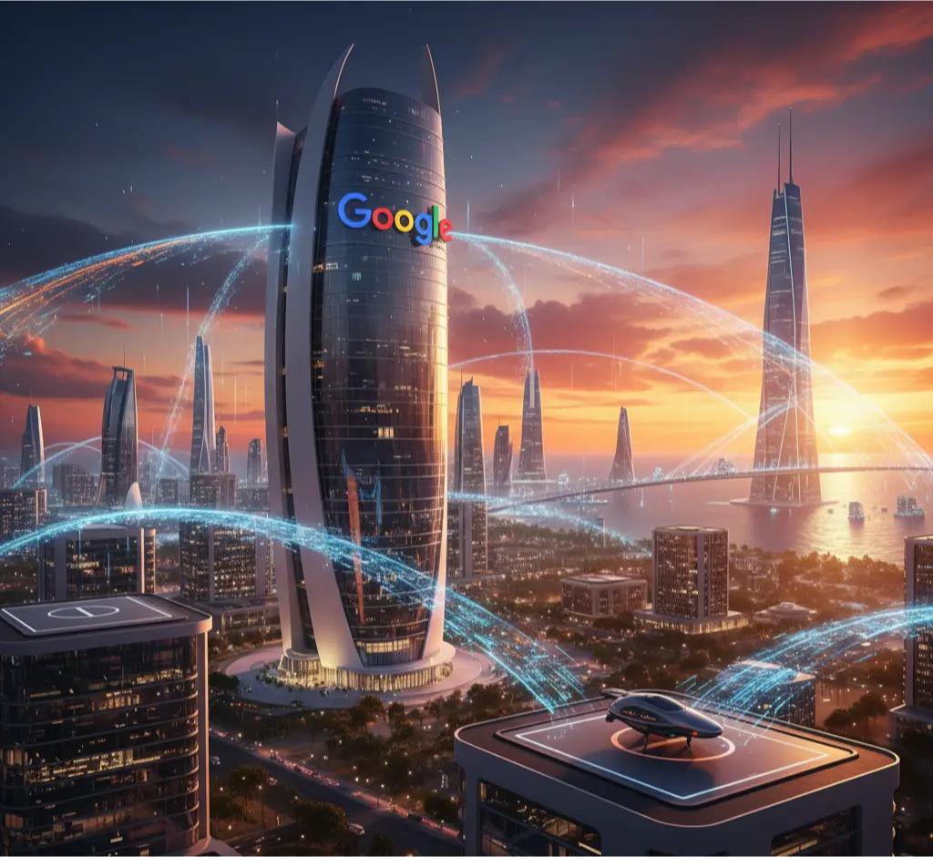 A depiction of the new $15 billion Google AI Hub Visakhapatnam, which is set to create thousands of AI jobs in India.