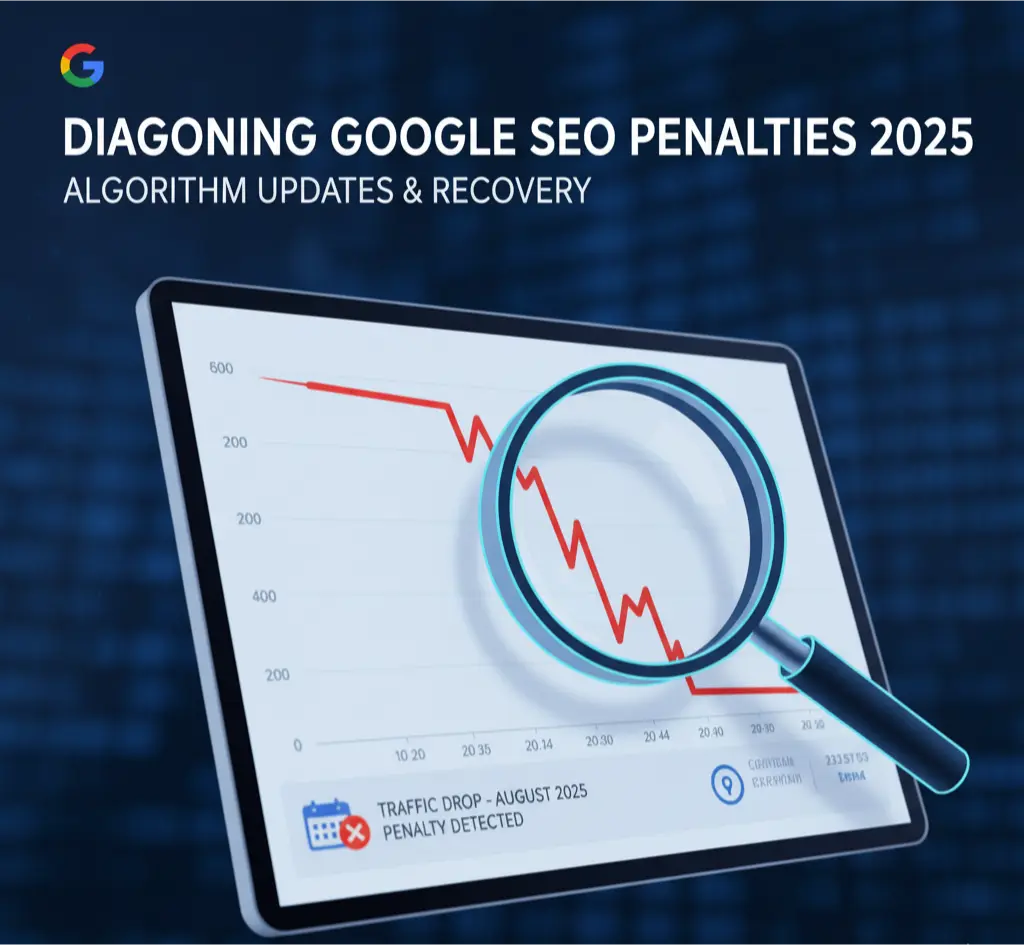 An image showing a graph with a sharp traffic drop, illustrating the diagnosis of Google SEO penalties.