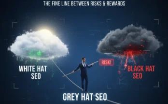 An image illustrating the risks of grey hat SEO, showing a tightrope walker between white hat and black hat SEO.
