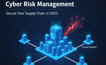 An illustration of a company's secure digital fortress with a broken link in its supply chain, representing the critical danger of third-party cyber risk.