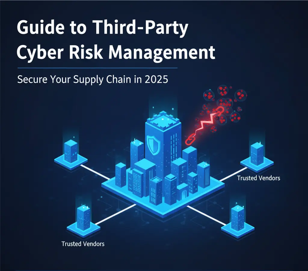 An illustration of a company's secure digital fortress with a broken link in its supply chain, representing the critical danger of third-party cyber risk.


