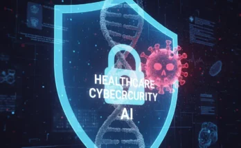 An illustration of healthcare cybersecurity for AI, showing a shield protecting a DNA helix from a digital virus, symbolizing the protection of medical AI data.