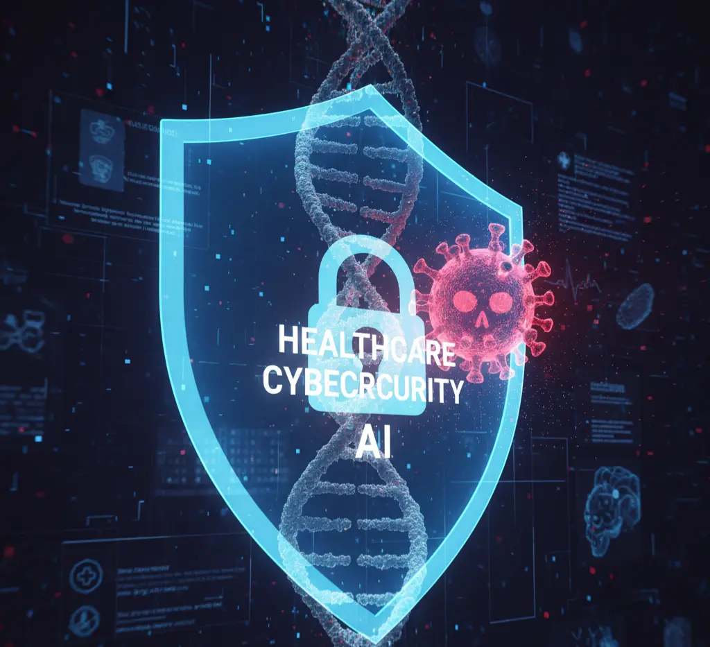 An illustration of healthcare cybersecurity for AI, showing a shield protecting a DNA helix from a digital virus, symbolizing the protection of medical AI data.