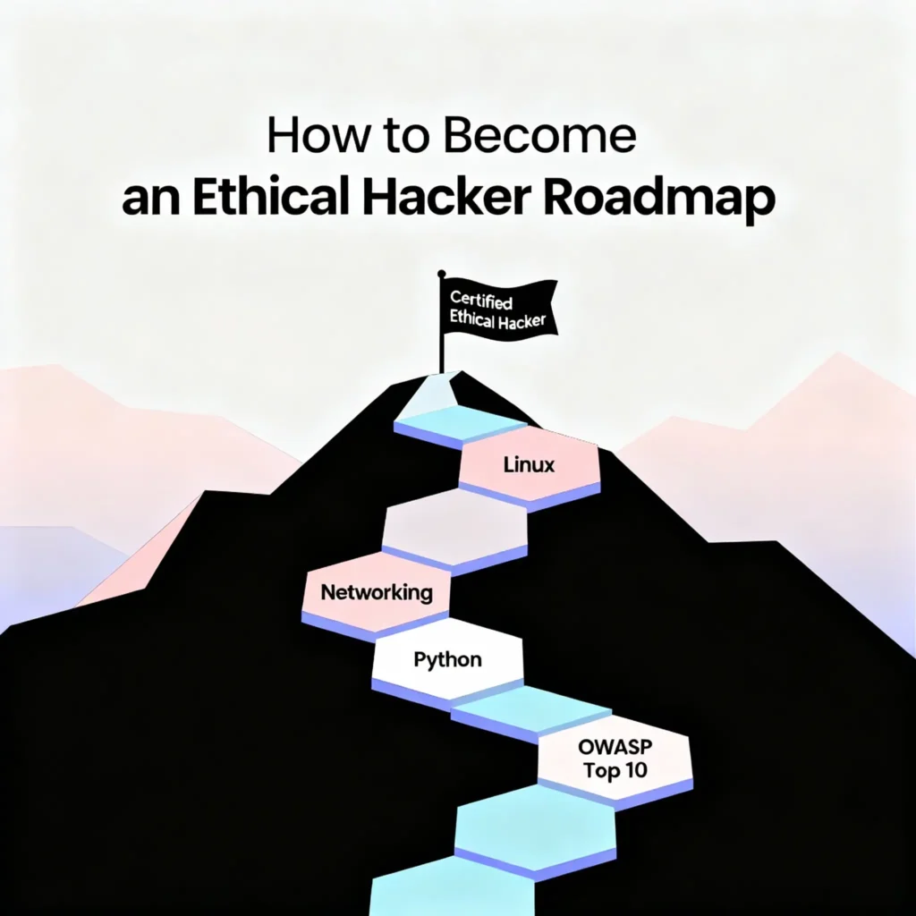 A 6-month roadmap showing the path to becoming an ethical hacker in 2025.