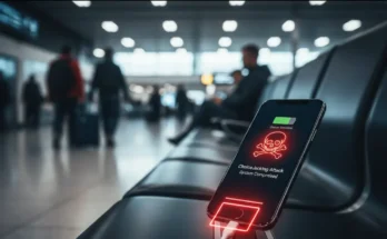 A person's phone plugged into a public USB charging port at an airport, with a red warning symbol overlaid, illustrating the danger of juice jacking.