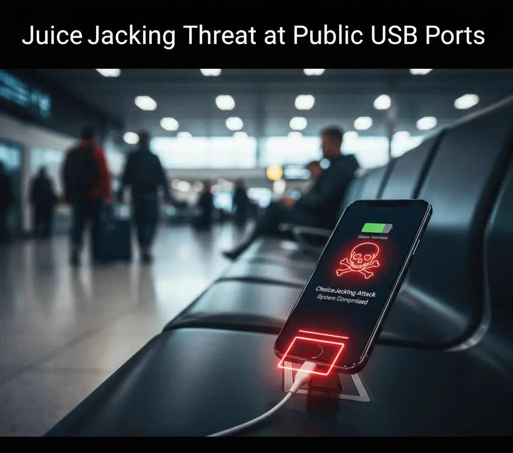 A person's phone plugged into a public USB charging port at an airport, with a red warning symbol overlaid, illustrating the danger of juice jacking.

