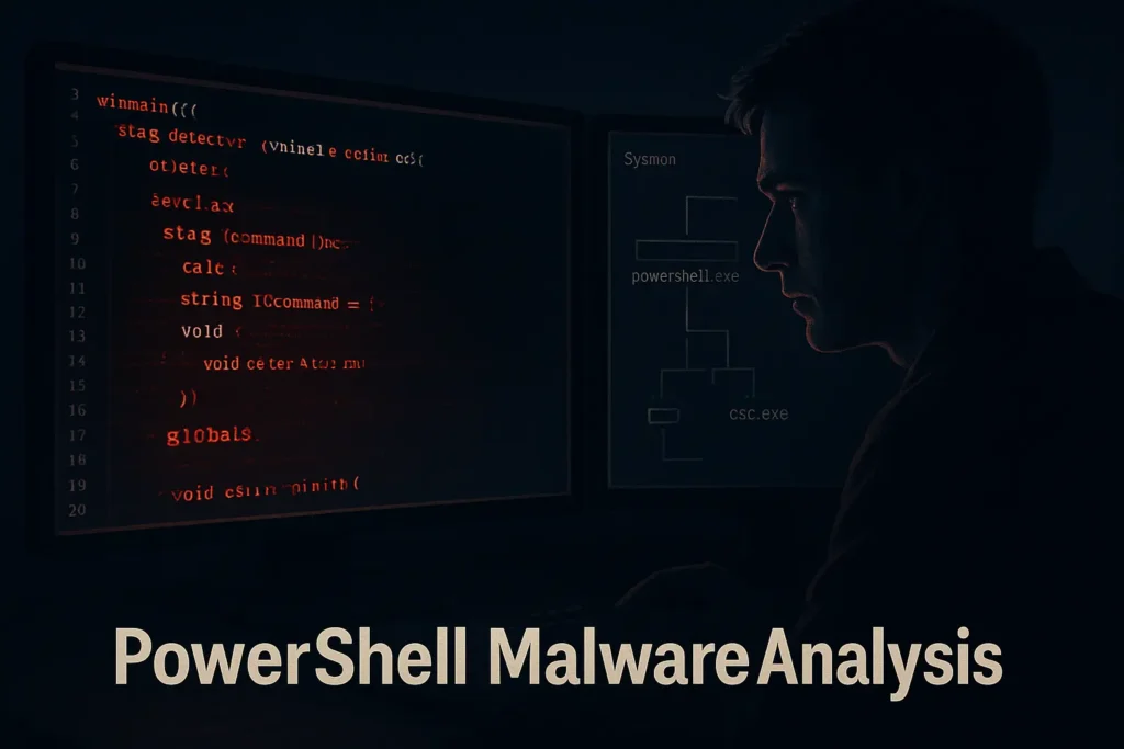 A GREM-certified expert conducting PowerShell malware analysis on the TikTok fileless malware, showing disassembled C# code.