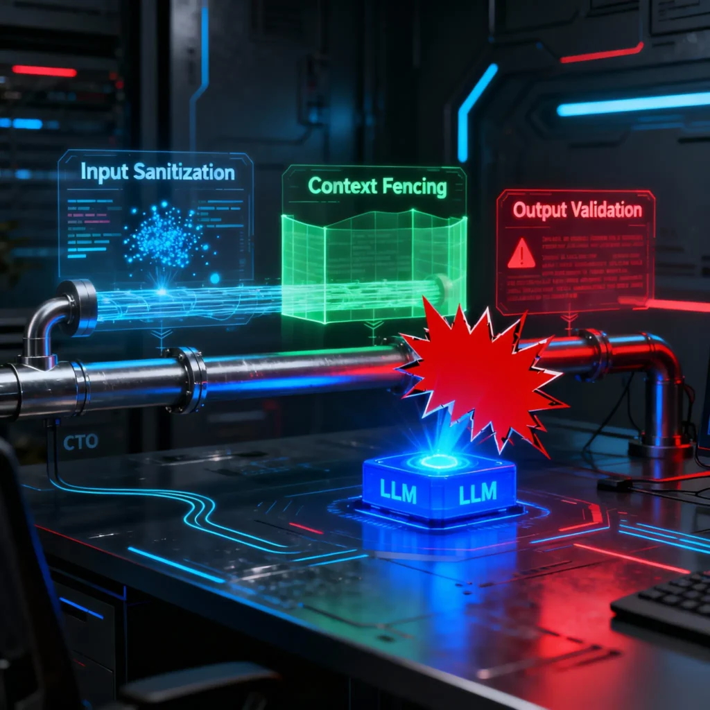 A CTO's multi-layered prompt injection defense framework securing an enterprise LLM from jailbreak attacks.