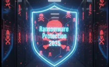 An illustration demonstrating effective ransomware protection in 2025, with a digital shield defending servers from an AI-powered ransomware attack.