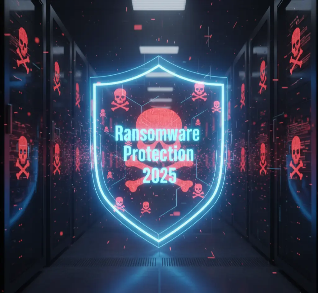 An illustration demonstrating effective ransomware protection in 2025, with a digital shield defending servers from an AI-powered ransomware attack.