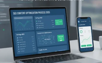 An infographic illustrating the complete SEO content optimization process, including keyword research, on-page SEO, and Core Web Vitals.