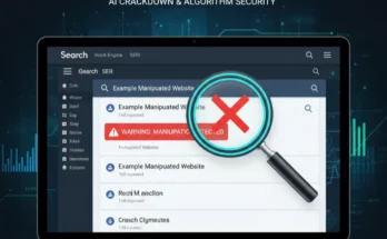 An image illustrating the detection of SERP manipulation, with a magnifying glass over a search results page.
