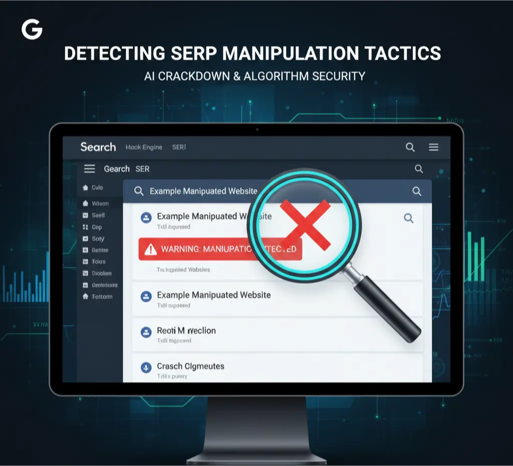 An image illustrating the detection of SERP manipulation, with a magnifying glass over a search results page.