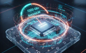 A futuristic smartphone showing glowing data streams with SK hynix AI-NAND chip visual, highlighting fast memory and instant AI processing.