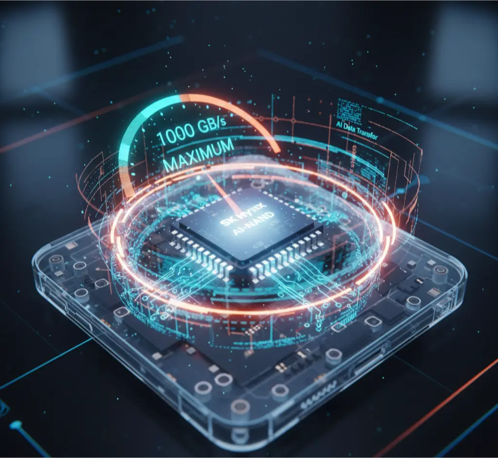 A futuristic smartphone showing glowing data streams with SK hynix AI-NAND chip visual, highlighting fast memory and instant AI processing.