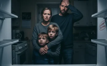 A family looking at an empty refrigerator with a SNAP EBT card in the foreground, highlighting the crisis during the US government shutdown.