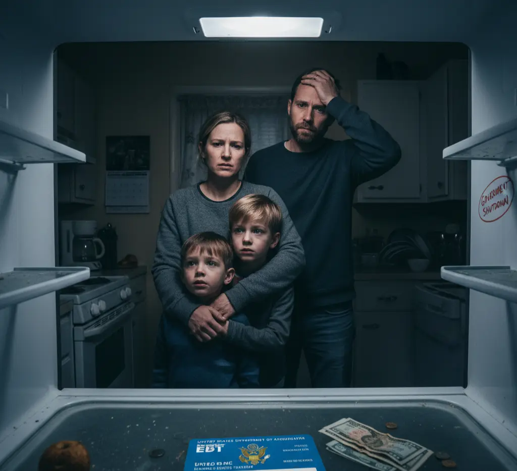 A family looking at an empty refrigerator with a SNAP EBT card in the foreground, highlighting the crisis during the US government shutdown.