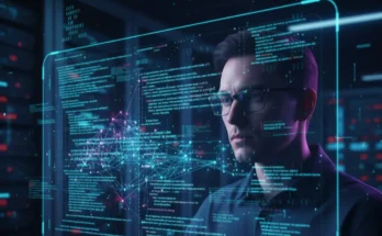 An infographic illustrating advanced malware analysis and reverse engineering techniques in 2025, showing an analyst disassembling malicious code.