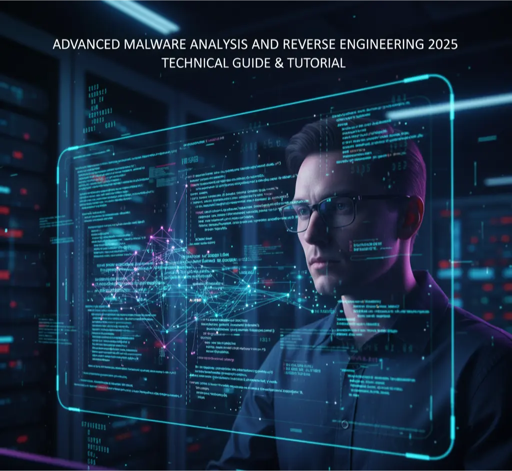 An infographic illustrating advanced malware analysis and reverse engineering techniques in 2025, showing an analyst disassembling malicious code.