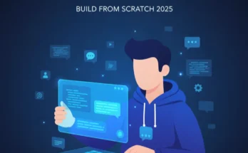 An illustration of a developer engaged in AI chatbot development on a futuristic interface, for a 2025 tutorial.