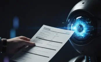 An image showing a human hand submitting a resume that is being scanned by a robotic eye, illustrating an experiment on AI job application screening.