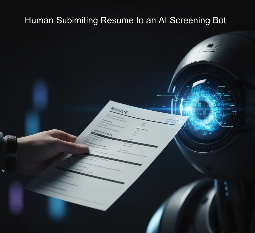 An image showing a human hand submitting a resume that is being scanned by a robotic eye, illustrating an experiment on AI job application screening.