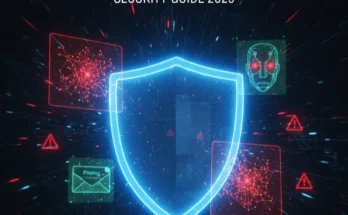 Futuristic illustration visualizing black hat AI techniques and security defense measures for 2025.