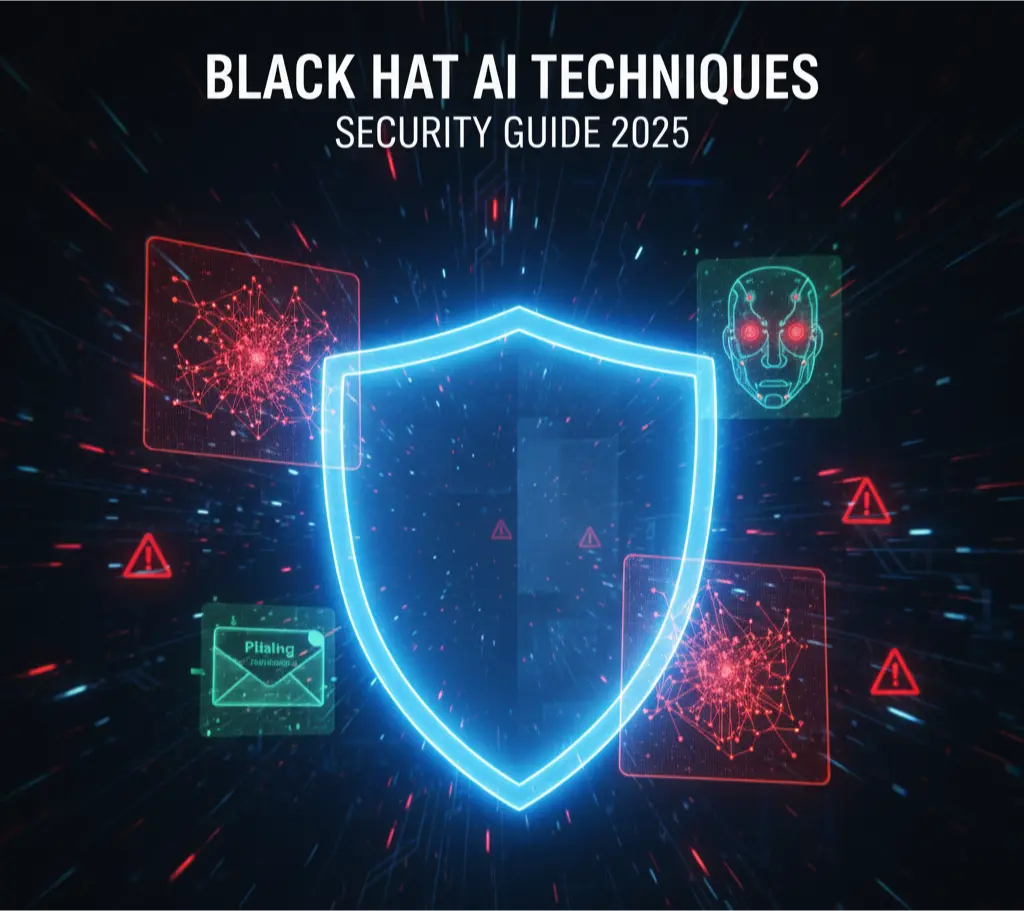 Futuristic illustration visualizing black hat AI techniques and security defense measures for 2025.
