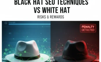 An image showing the difference between white hat and black hat SEO techniques, with a penalty warning.