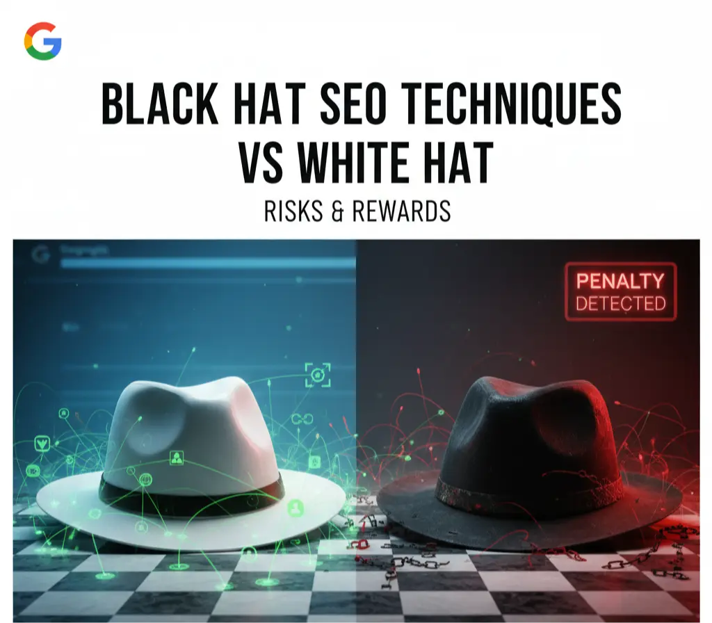 An image showing the difference between white hat and black hat SEO techniques, with a penalty warning.