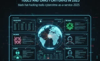 Futuristic visualization of 2025 black hat hacking tools and cybercrime-as-a-service marketplace dashboard.