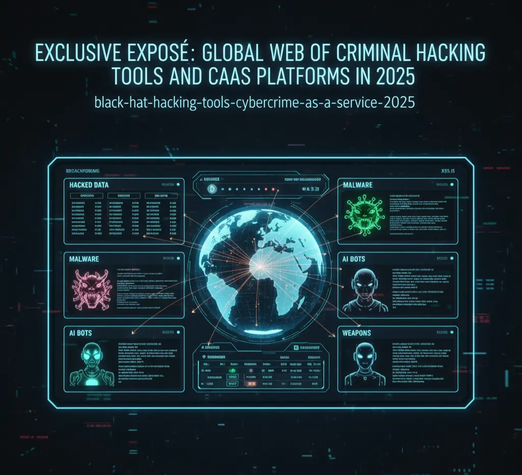 Futuristic visualization of 2025 black hat hacking tools and cybercrime-as-a-service marketplace dashboard.