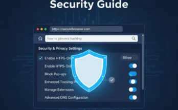 A browser window showing a shield icon and security settings, symbolizing the complete browser security guide for 2025 to protect against hacking.